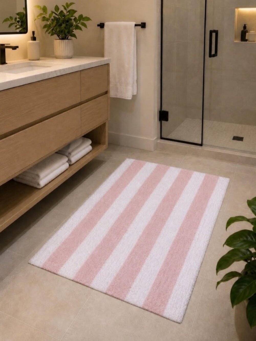 NEW!  KATE SPADE NEW YORK PINK & WHITE STRIPED BATH RUG